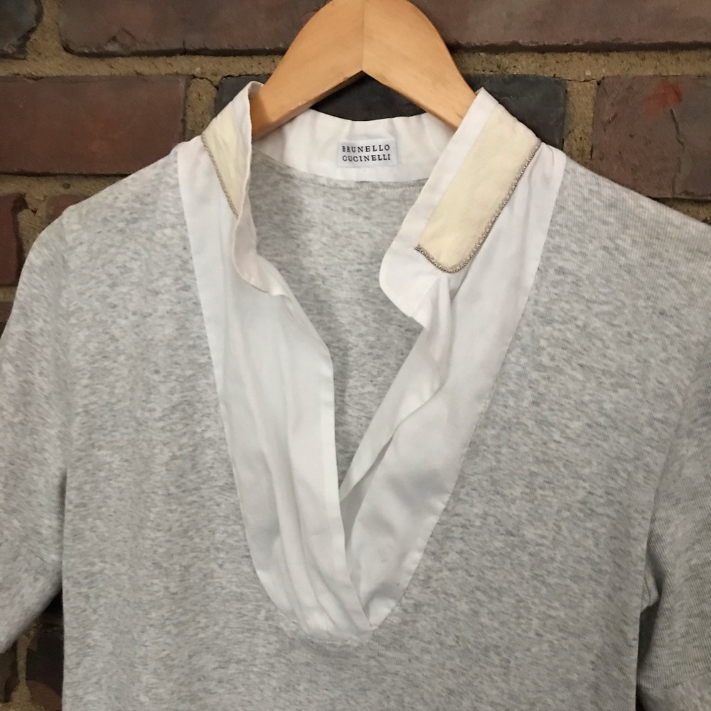 BRUNELLO CUCINELLI Gray Multi Knit Short Sleeve Soft Top XL